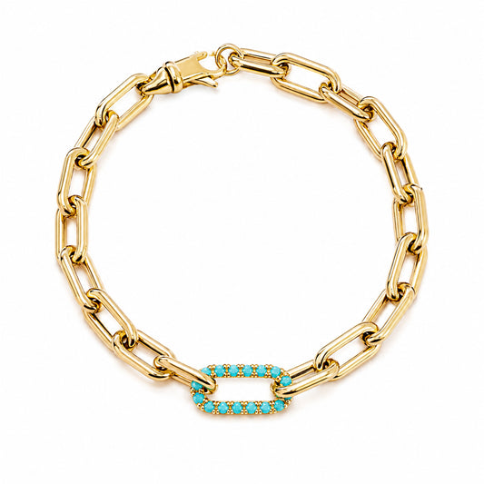 14K Gold Turquoise Thick Oval Link Bracelet