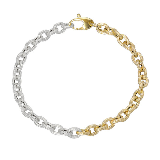 14K Gold Two-Tone Rustic Thick Oval Link Bracelet, Small Size Links