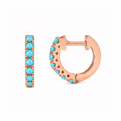 14K Gold Turquoise Cabochon Thick Huggie Hoop Earrings (11mm x 6mm)