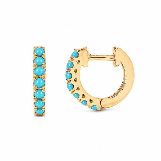 14K Gold Turquoise Cabochon Thick Huggie Hoop Earrings (11mm x 6mm)