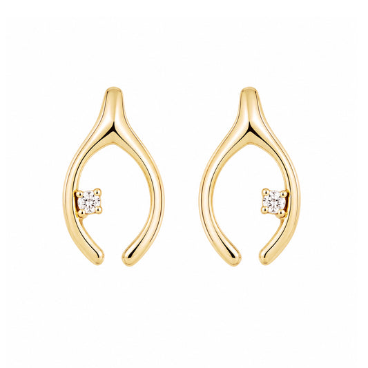14K Gold Diamond Wishbone Stud Earrings
