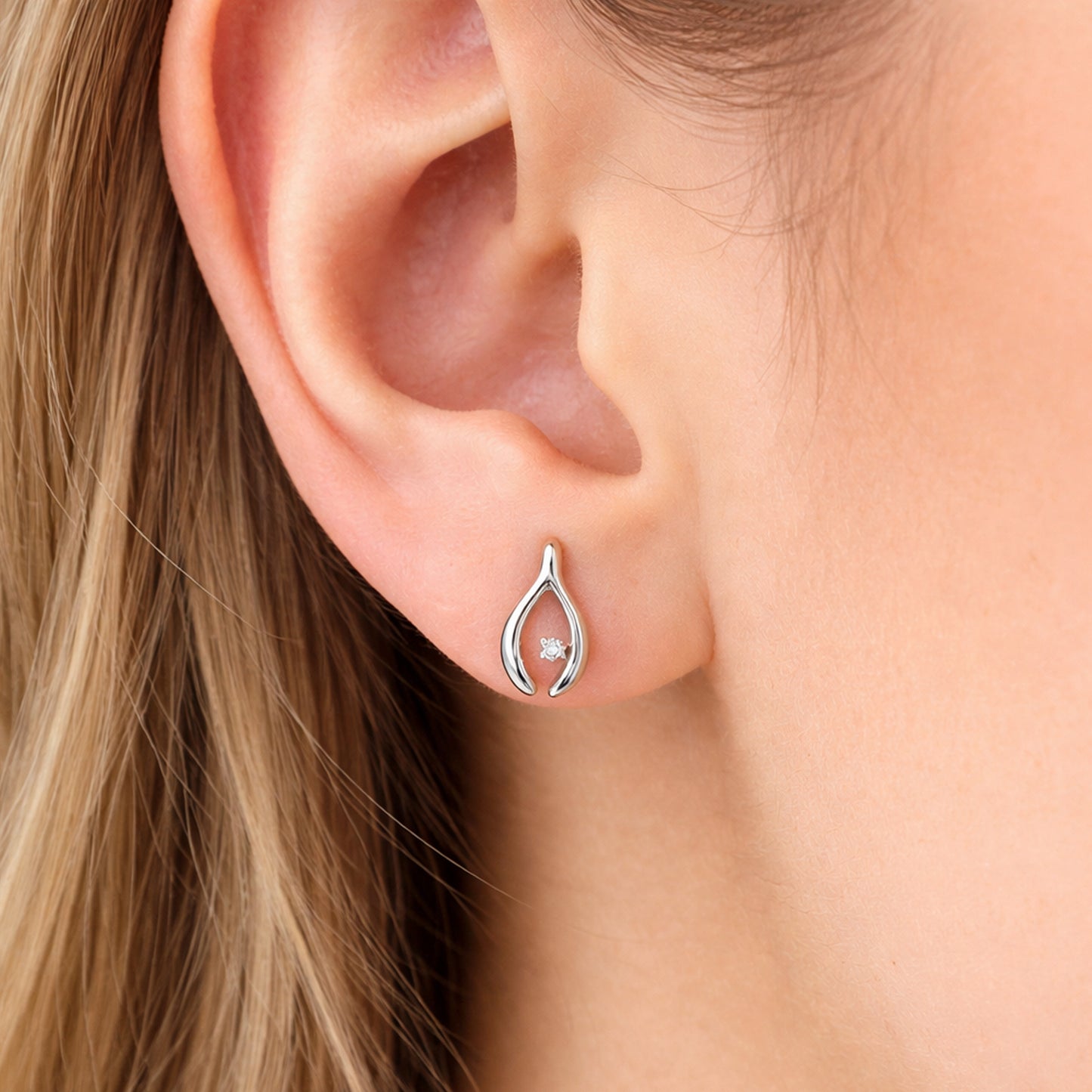 14K Gold Diamond Wishbone Stud Earrings