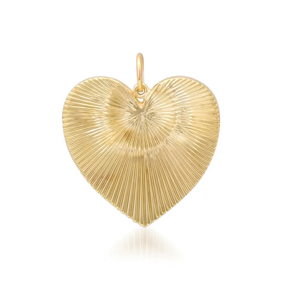 14K Gold Fluted Heart Medallion Charm Pendant, XL Size Heart