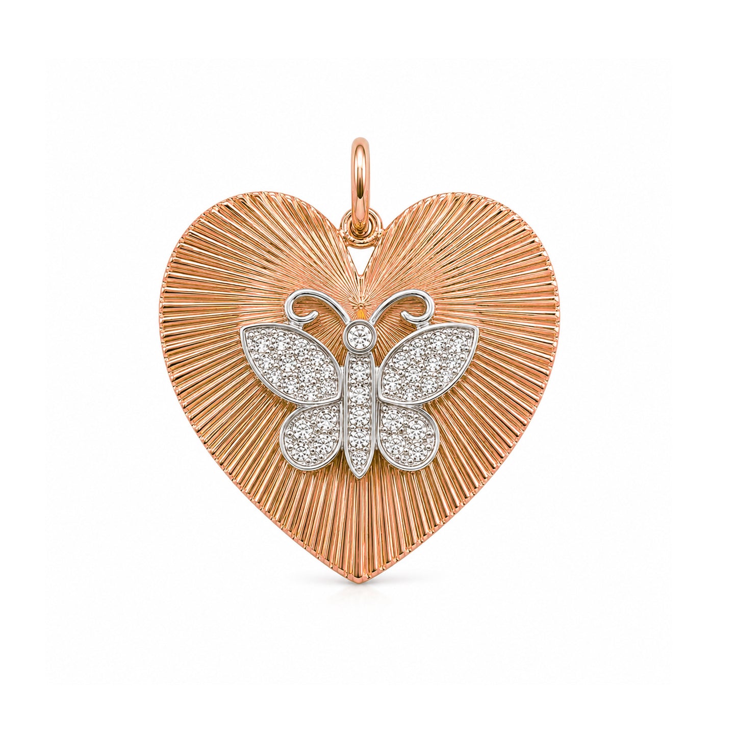 14K Gold Diamond Butterfly Fluted Heart Medallion Charm Pendant, XL Size Heart