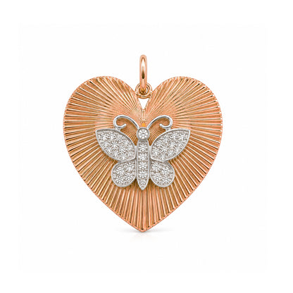 14K Gold Diamond Butterfly Fluted Heart Medallion Charm Pendant, XL Size Heart