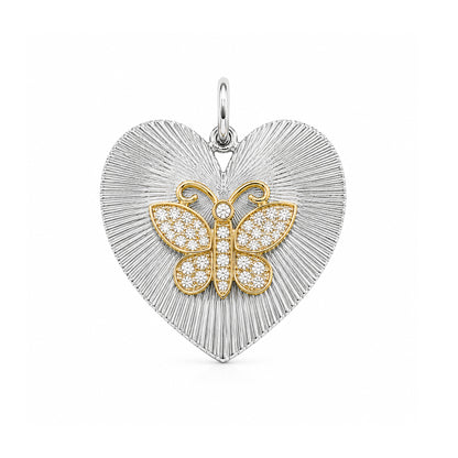 14K Gold Diamond Butterfly Fluted Heart Medallion Charm Pendant, XL Size Heart