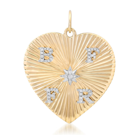 14K Gold Pavé Diamond Four Initial Fluted Heart Medallion Pendant, XXL Size