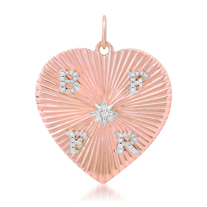 14K Gold Pavé Diamond Four Initial Fluted Heart Medallion Pendant, XXL Size