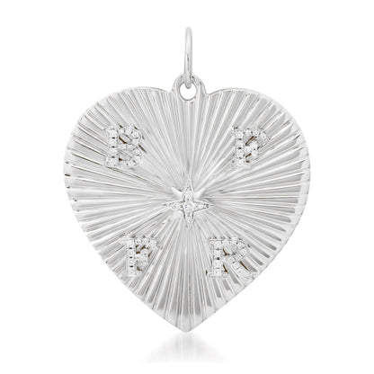 14K Gold Pavé Diamond Four Initial Fluted Heart Medallion Pendant, XXL Size