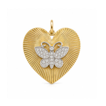 14K Gold Diamond Butterfly Fluted Heart Medallion Charm Pendant, XL Size Heart