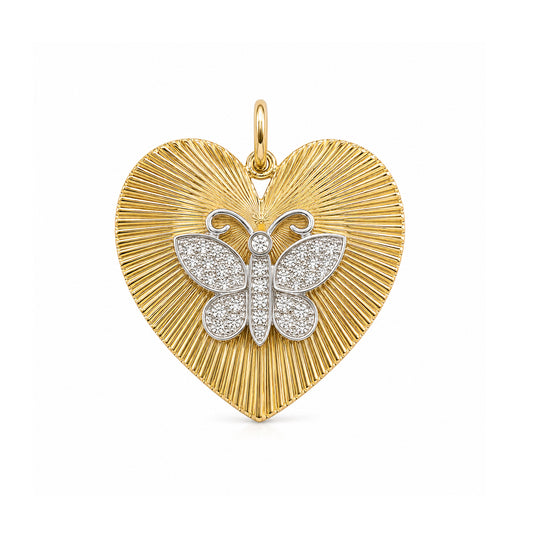 14K Gold Diamond Butterfly Fluted Heart Medallion Charm Pendant, XL Size Heart