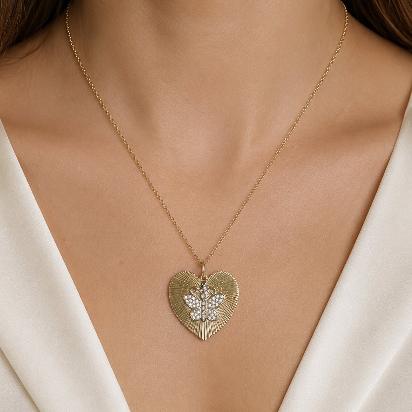 14K Gold Diamond Butterfly Fluted Heart Medallion Charm Pendant, XL Size Heart