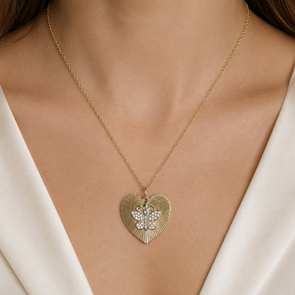 14K Gold Diamond Butterfly Fluted Heart Medallion Charm Pendant, XL Size Heart