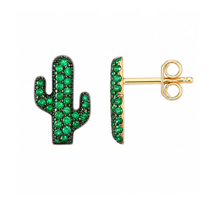 14K Gold Pavé Emerald XS Cactus Stud Earrings