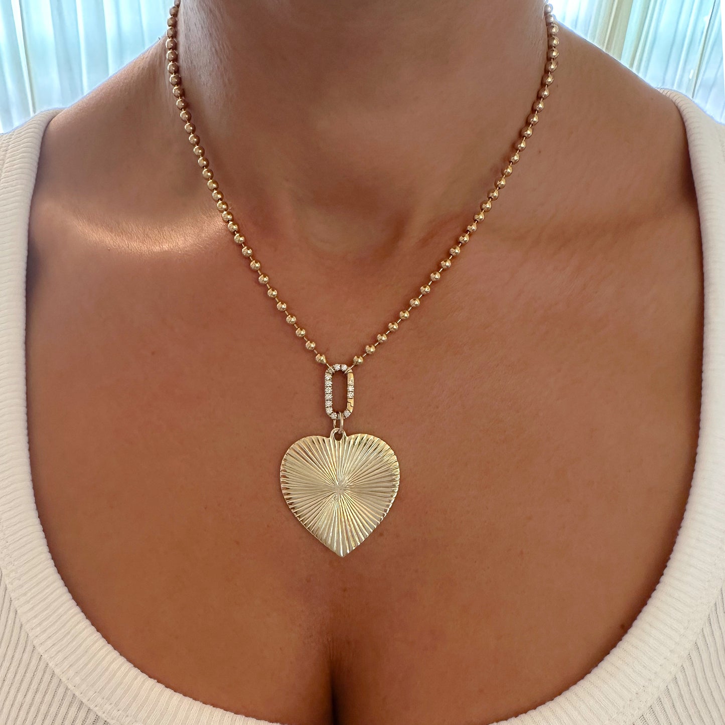 14K Gold Fluted Heart Medallion Charm Pendant, XXL Size Heart