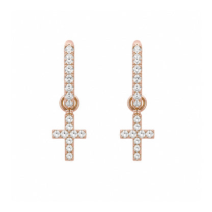 14K Gold Pavé Diamond Cross Dangle Huggie Hoop Earrings ~ Convertible Charm