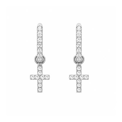 14K Gold Pavé Diamond Cross Dangle Huggie Hoop Earrings ~ Convertible Charm
