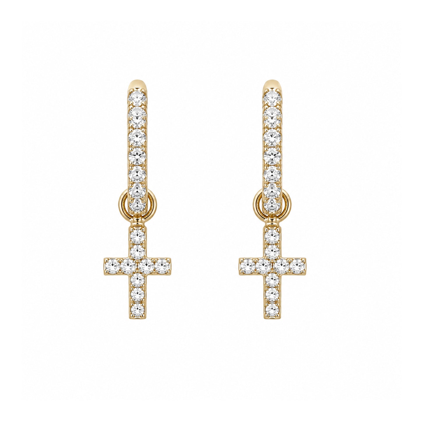 14K Gold Pavé Diamond Cross Dangle Huggie Hoop Earrings ~ Convertible Charm