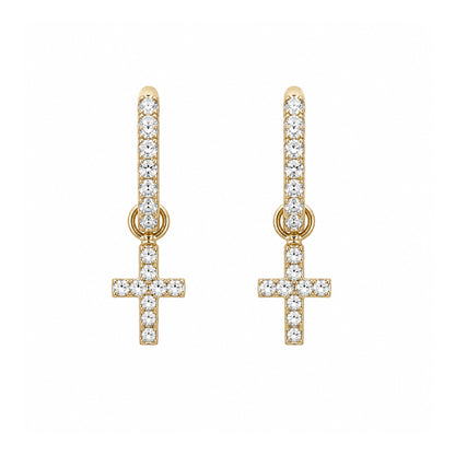 14K Gold Pavé Diamond Cross Dangle Huggie Hoop Earrings ~ Convertible Charm