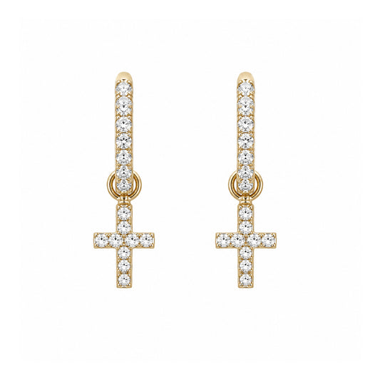 14K Gold Pavé Diamond Cross Dangle Huggie Hoop Earrings ~ Convertible Charm