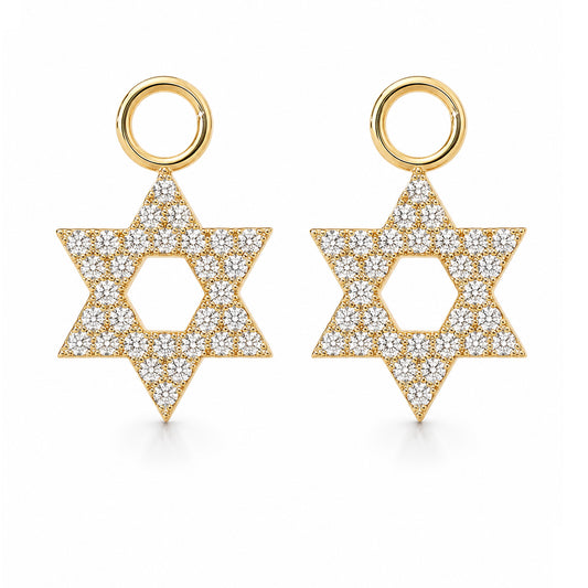 14K Gold Pavé Diamond Star of David Hoop Earring Charms