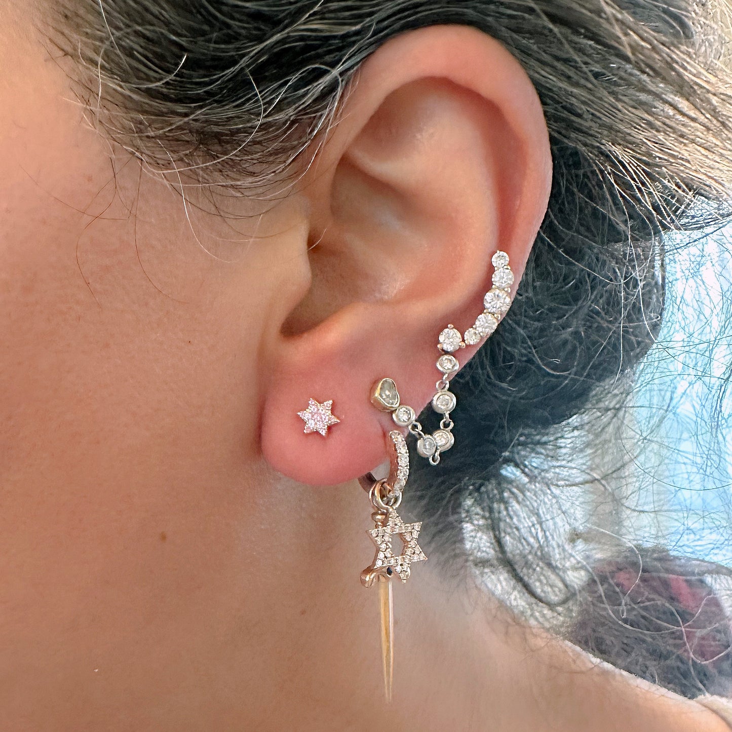 14K Gold Tiny Pavé Pink Sapphire Star of David Stud Earrings