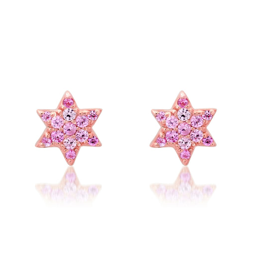 14K Gold Tiny Pavé Pink Sapphire Star of David Stud Earrings