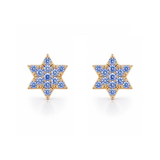 14K Gold Tiny Pavé Blue Sapphire Star of David Stud Earrings