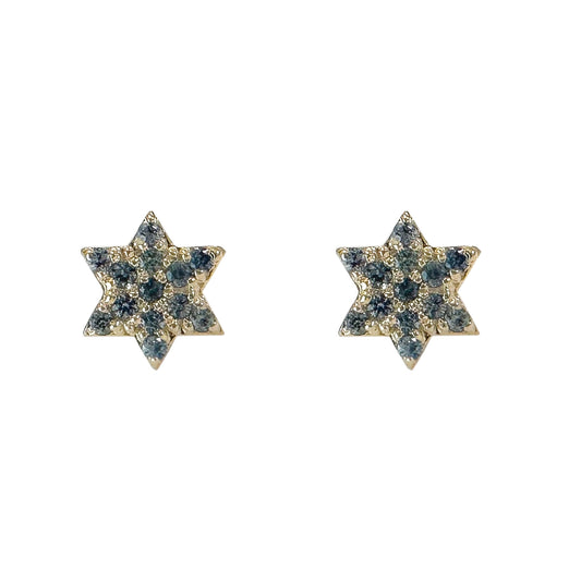 14K Gold Tiny Pavé Light Blue Sapphire Star of David Stud Earrings