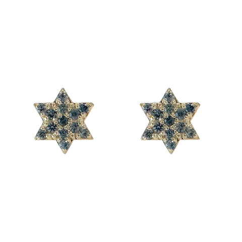 14K Gold Tiny Pavé Light Blue Sapphire Star of David Stud Earrings