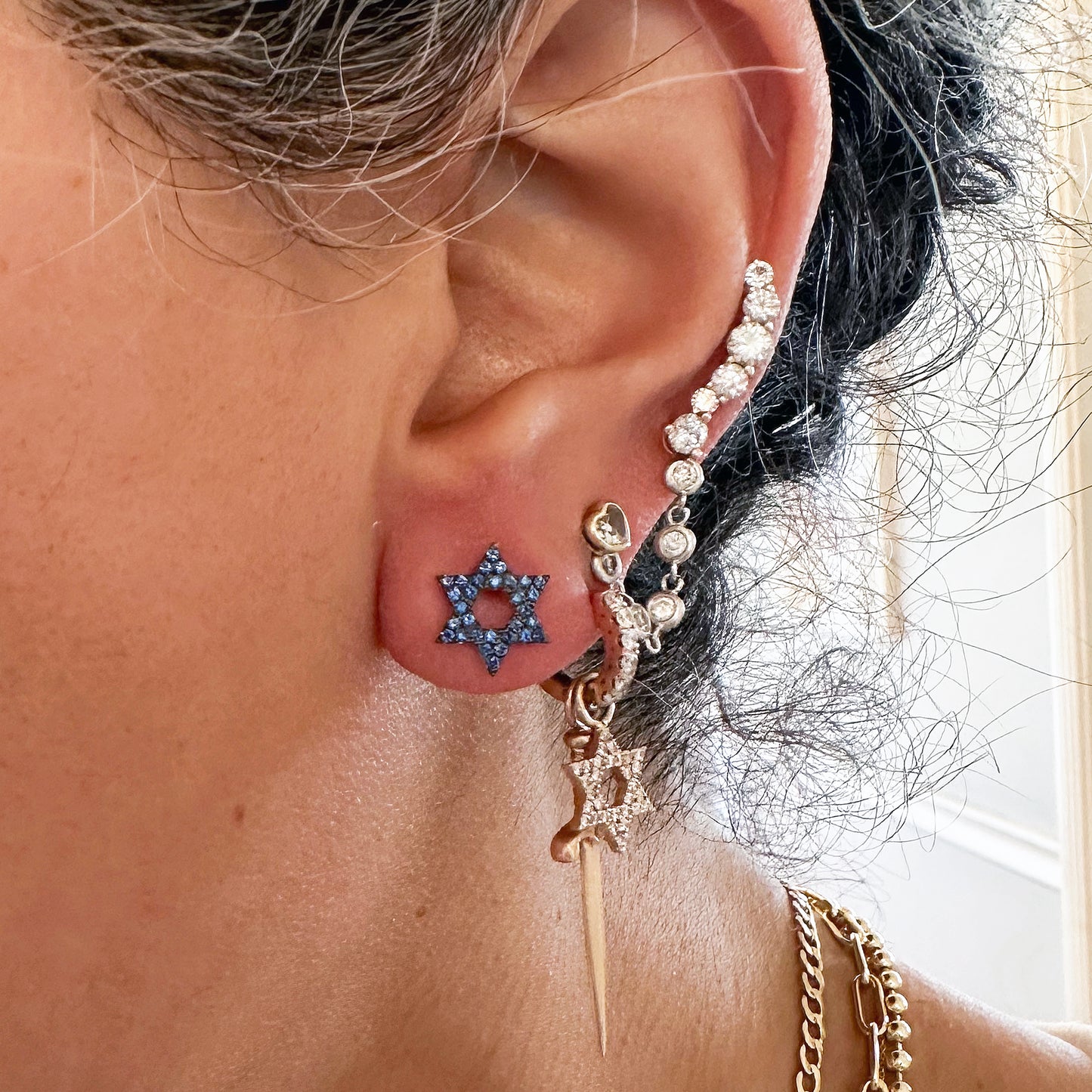 14K Gold Pavé Diamond Star of David Hoop Earring Charms