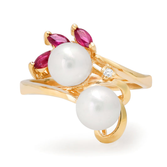 The Double Pearl, Ruby & Diamond 14K Ring