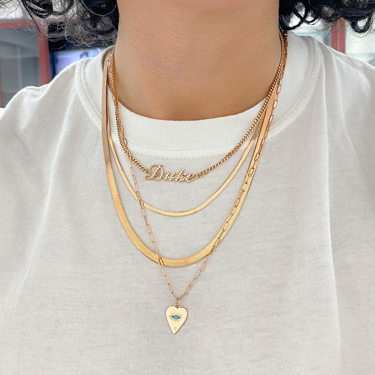 14K Gold Single Diamond Detail Evil Eye Heart Medallion Necklace, Available with Turquoise, Ruby or Sapphire Centerstone