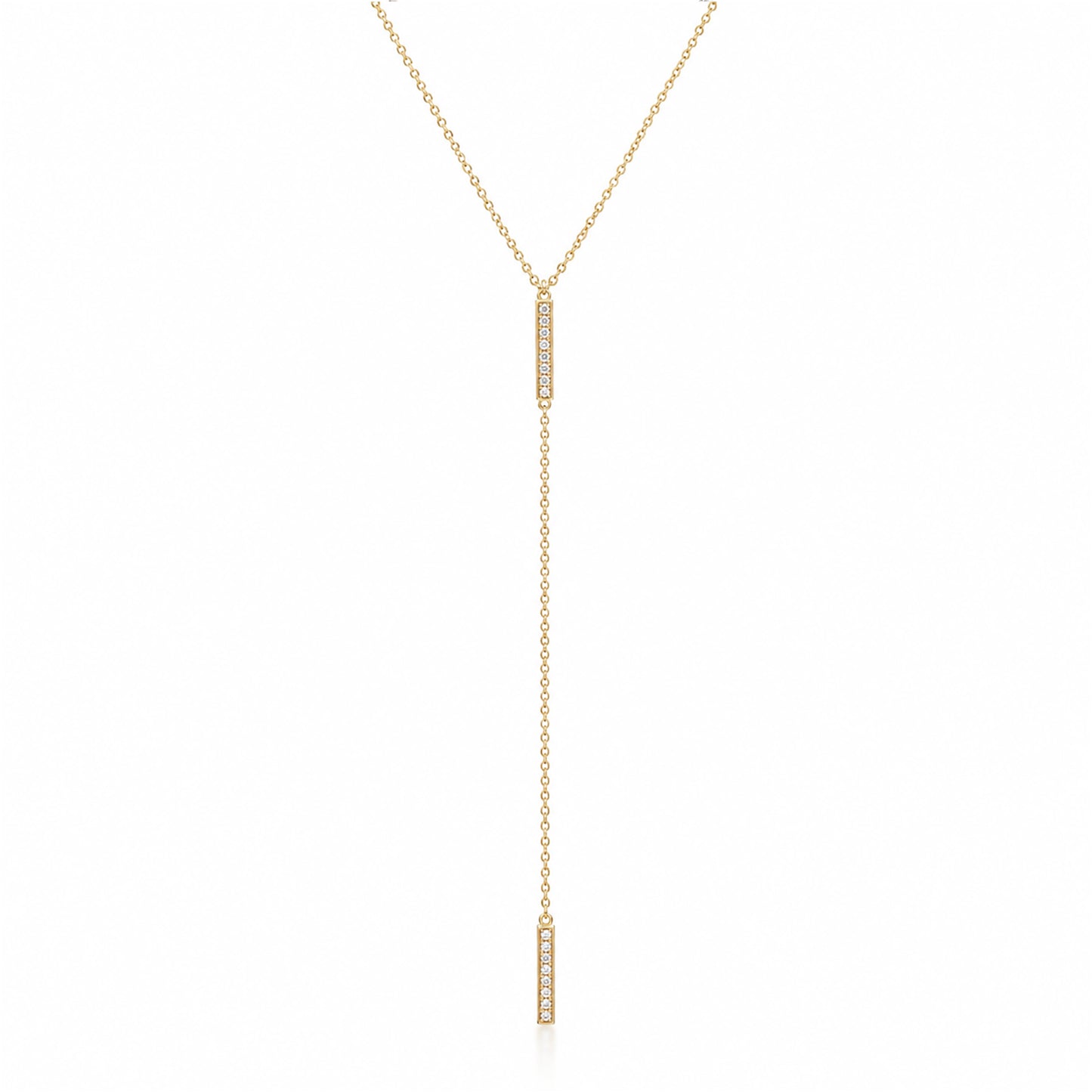 14K Gold Pavé Diamond Double Bar Lariat Drop Necklace