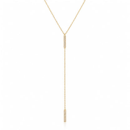 14K Gold Pavé Diamond Double Bar Lariat Drop Necklace