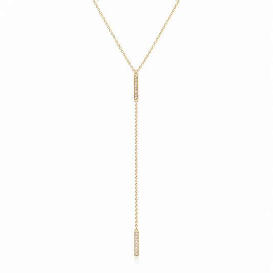 14K Gold Pavé Diamond Double Bar Lariat Drop Necklace