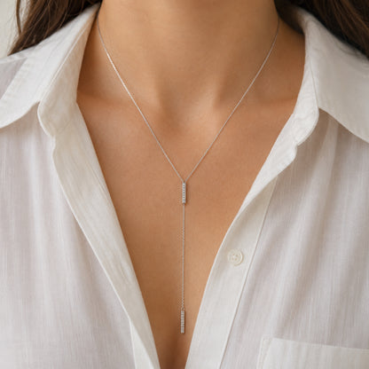 14K Gold Pavé Diamond Double Bar Lariat Drop Necklace