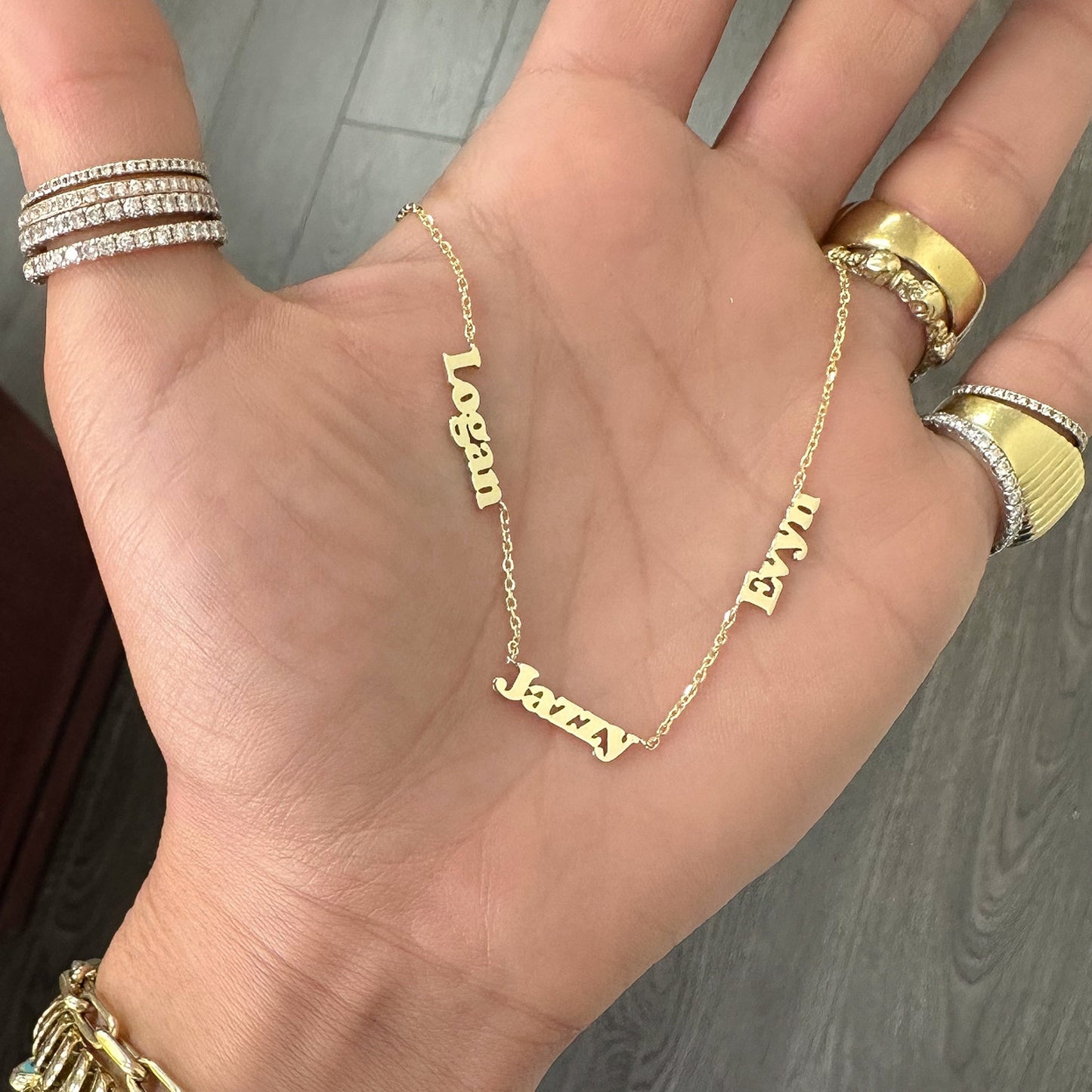 14K Gold Triple Nameplate Charm Necklace ~ Block Font