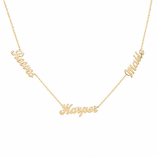14K Gold Triple Nameplate Charm Necklace ~ Script Font