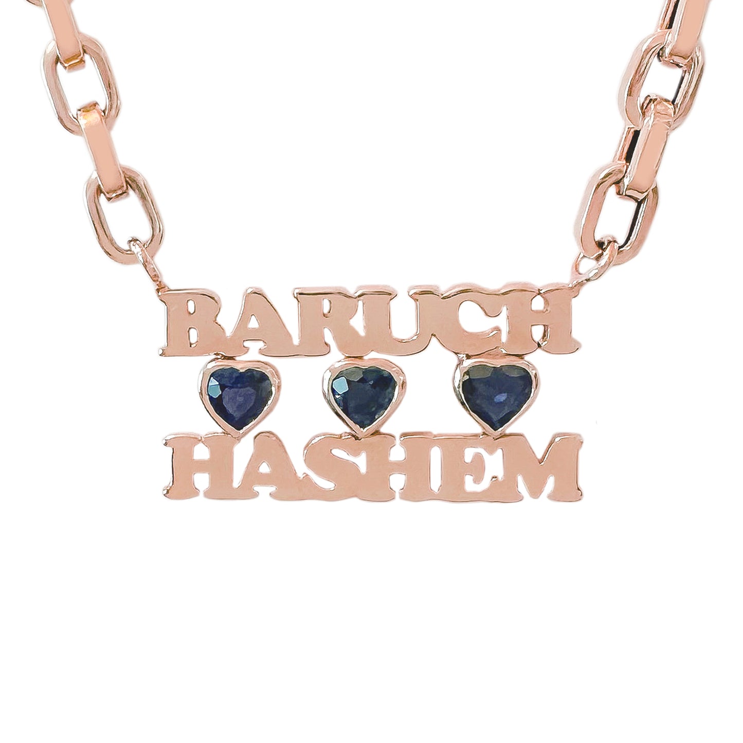 14K Gold Baruch Hashem Charm Necklace ~ with Sapphire Bezel Hearts