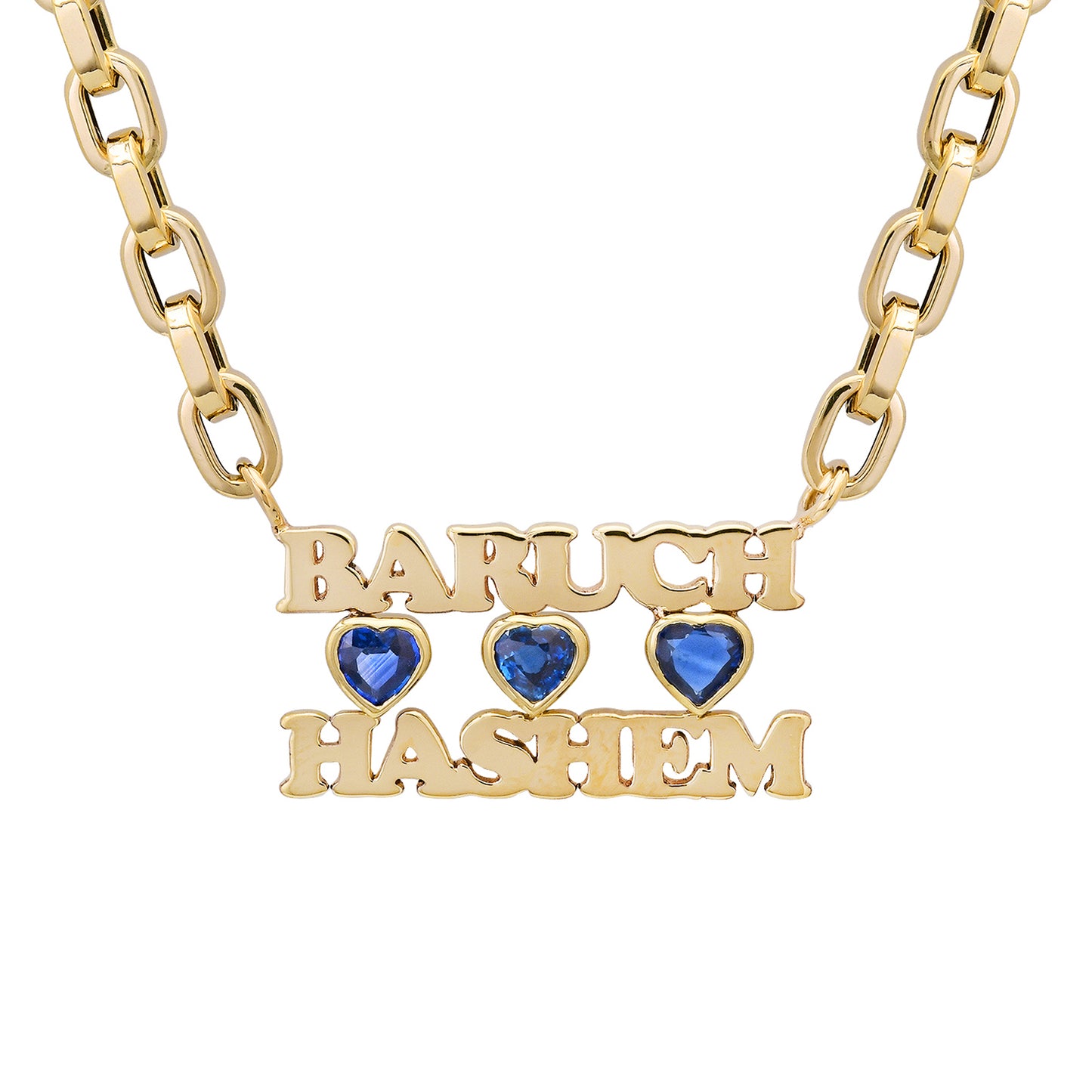 14K Gold Baruch Hashem Charm Necklace ~ with Sapphire Bezel Hearts