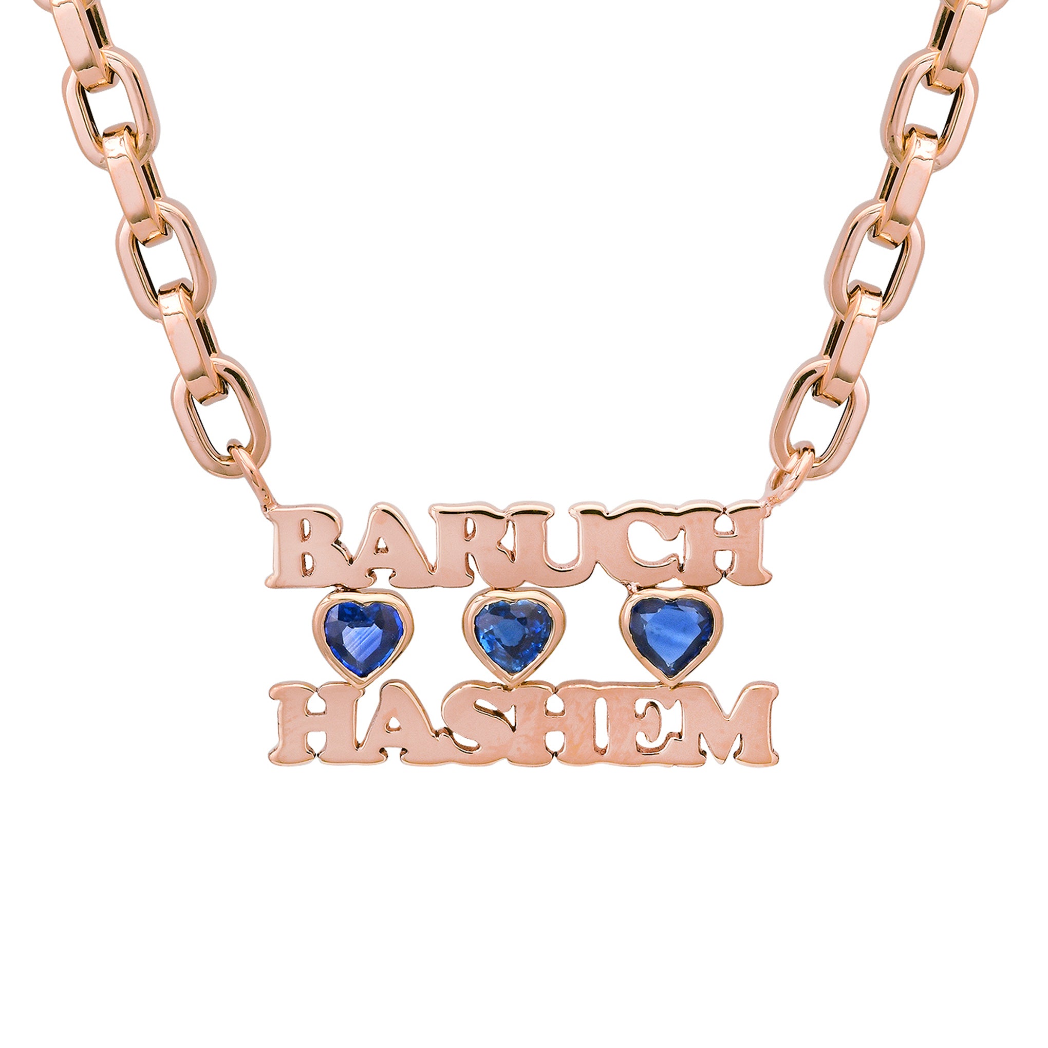 14K Gold Baruch Hashem Charm Necklace ~ with Sapphire Bezel Hearts