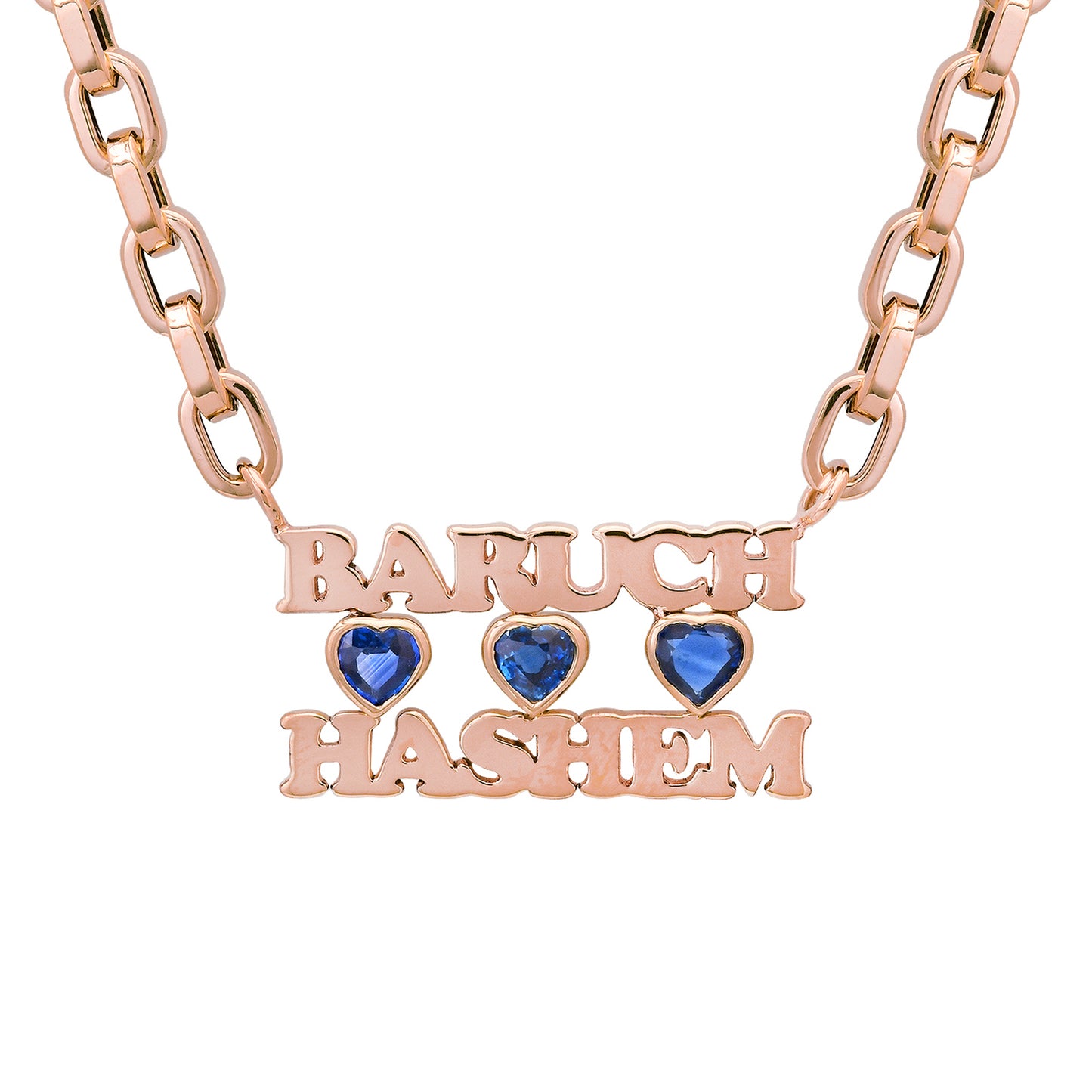 14K Gold Baruch Hashem Charm Necklace ~ with Sapphire Bezel Hearts