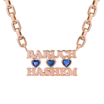 14K Gold Baruch Hashem Charm Necklace ~ with Sapphire Bezel Hearts