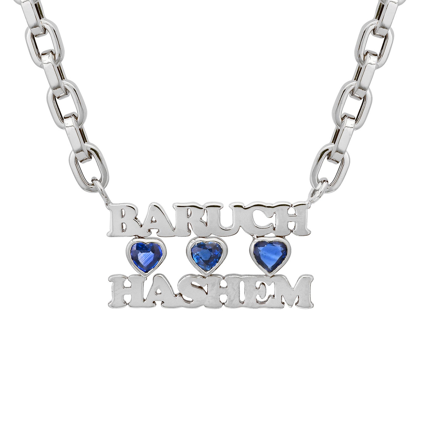 14K Gold Baruch Hashem Charm Necklace ~ with Sapphire Bezel Hearts