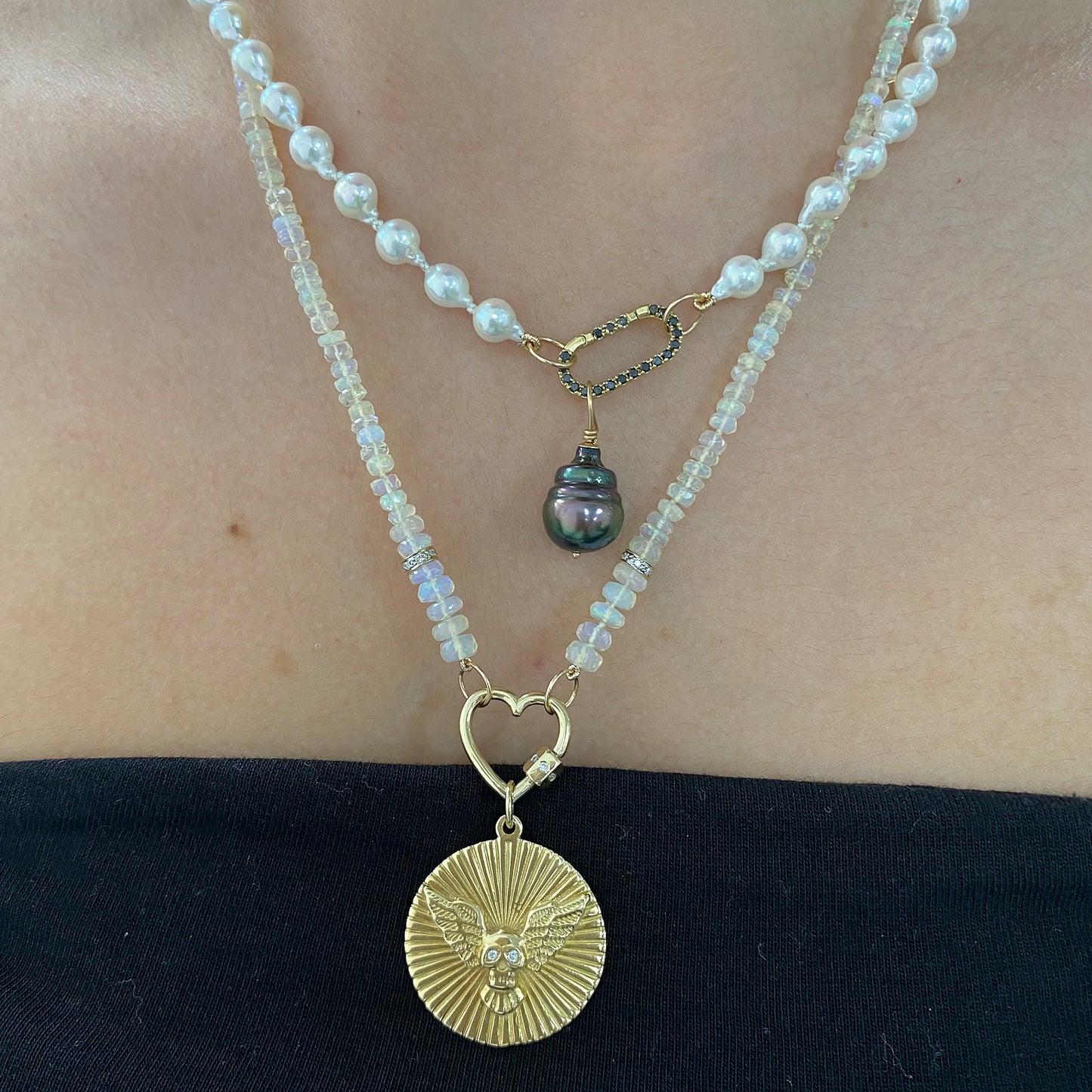 14K Gold Diamond Flying Skull Fluted Medallion Pendant