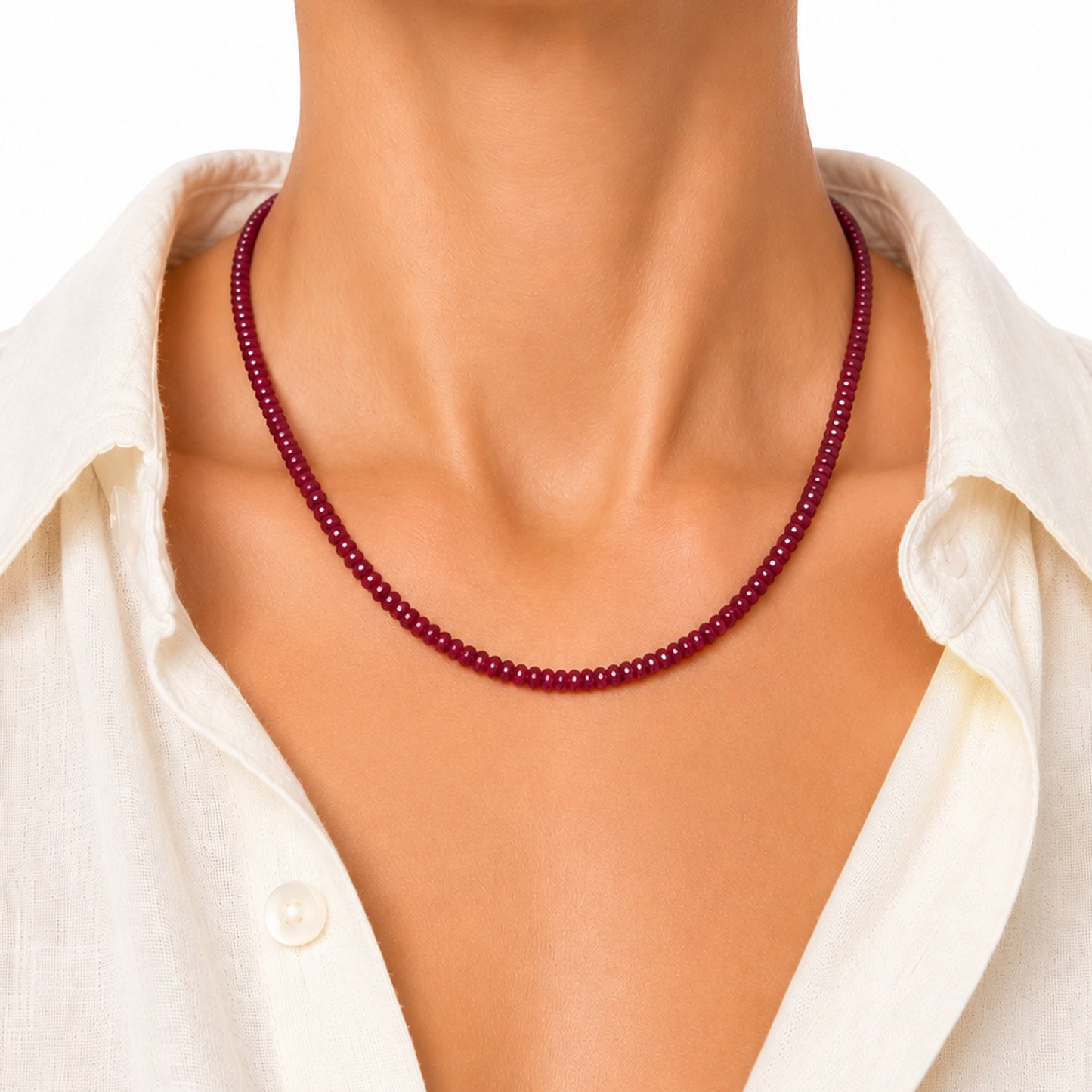 14K Gold Faceted Ruby Rondelle Beaded Necklace, 3mm Size