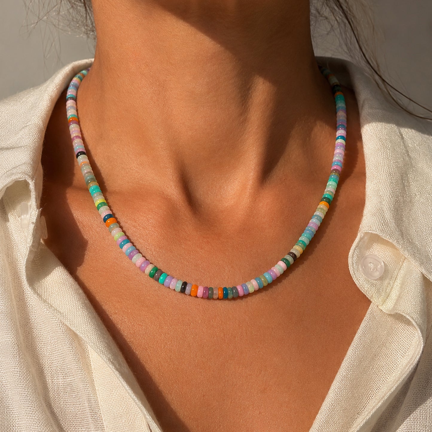 14K Gold Rainbow Opal Rondelle Beaded Necklace, 4mm Size
