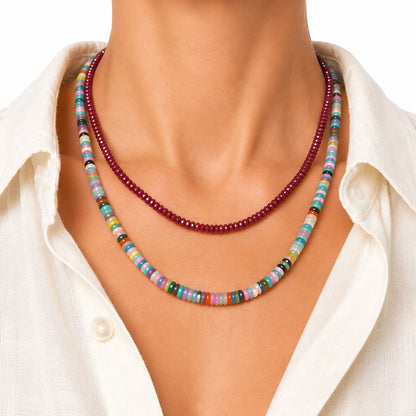 14K Gold Faceted Ruby Rondelle Beaded Necklace, 3mm Size