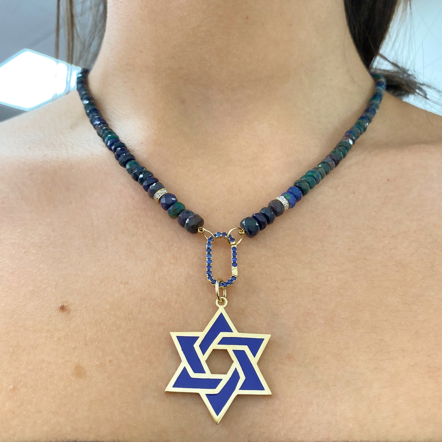 14K Gold Blue Enamel Star of David Charm Pendant
